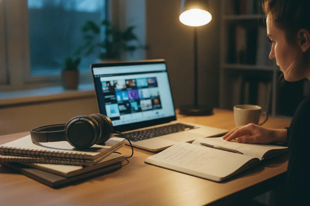 Laptop on a tidy desk showing a streaming-style episode list grid - Eternally Yours - Eternally Yours Laptop on a tidy desk showing a streaming-style episode list grid - Eternally Yours - Eternally Yours