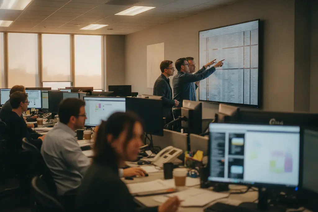 Wide shot of a bustling TV newsroom with editors checking a broadcast schedule board under fluorescent lights - The Five - Th