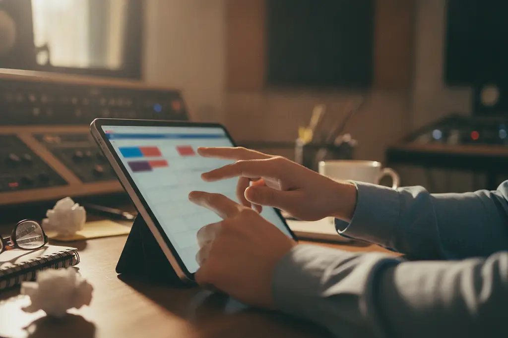 A hand adjusting a studio calendar on a tablet screen showing weekly programming grid - The Five - The Five