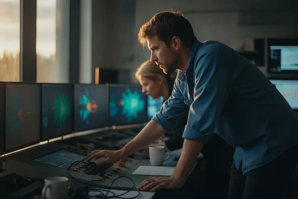 Control room with technicians monitoring multiple screens displaying live broadcast feeds and schedules - The Five - The Five